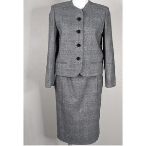 VTG Black and White Wool Houndstooth Button Up Two Piece Skirt Set Academia
